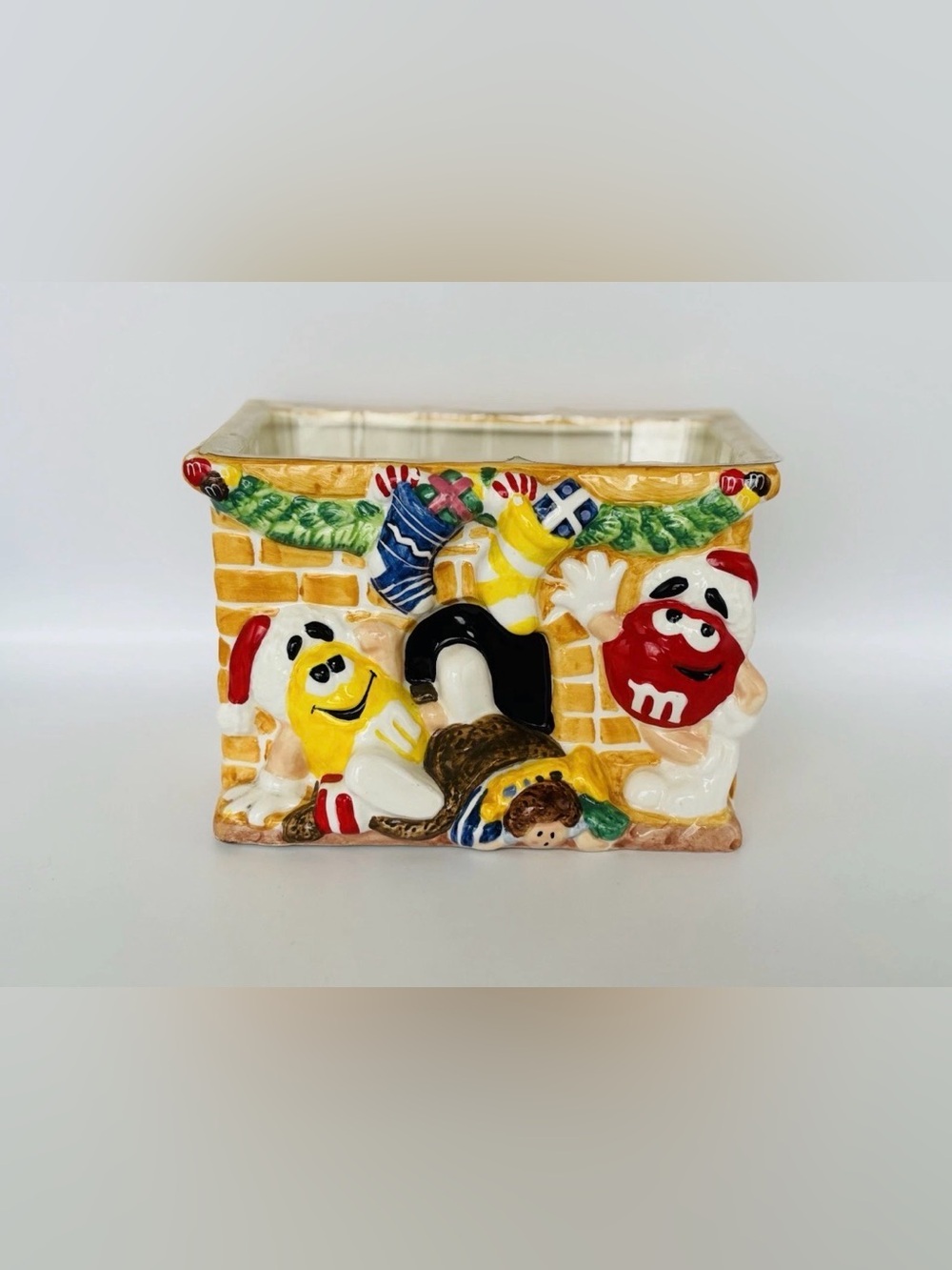 Vintage M&Ms Christmas Chimney Fireplace Planter Ceramic 5x5x6.5” with Insert